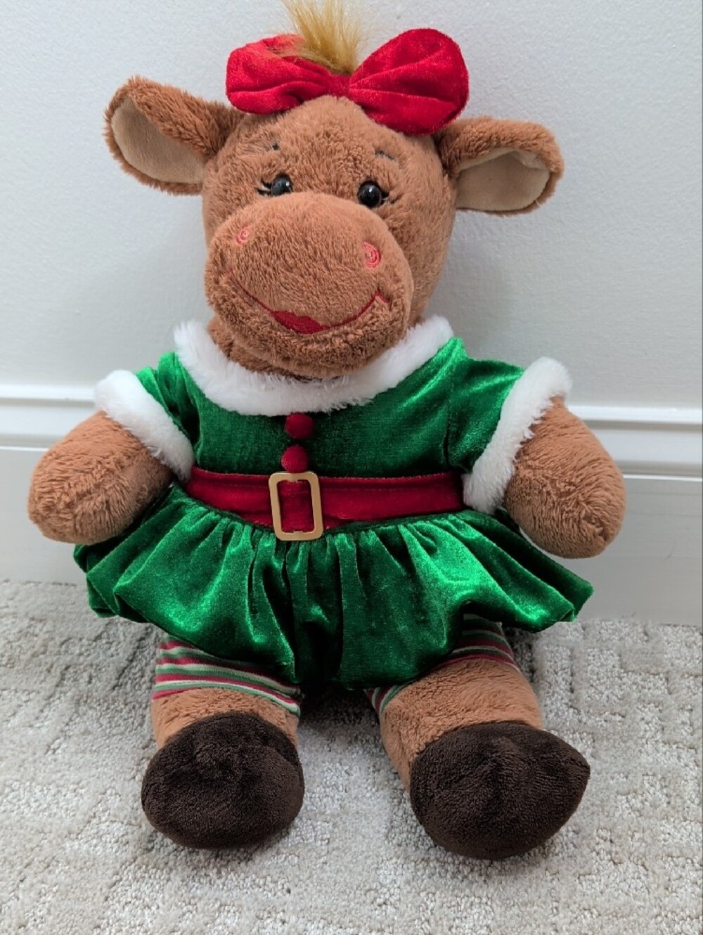 Build-A-Bear Plush Holiday Reindeer Doll in Green & Red Velvet Dress